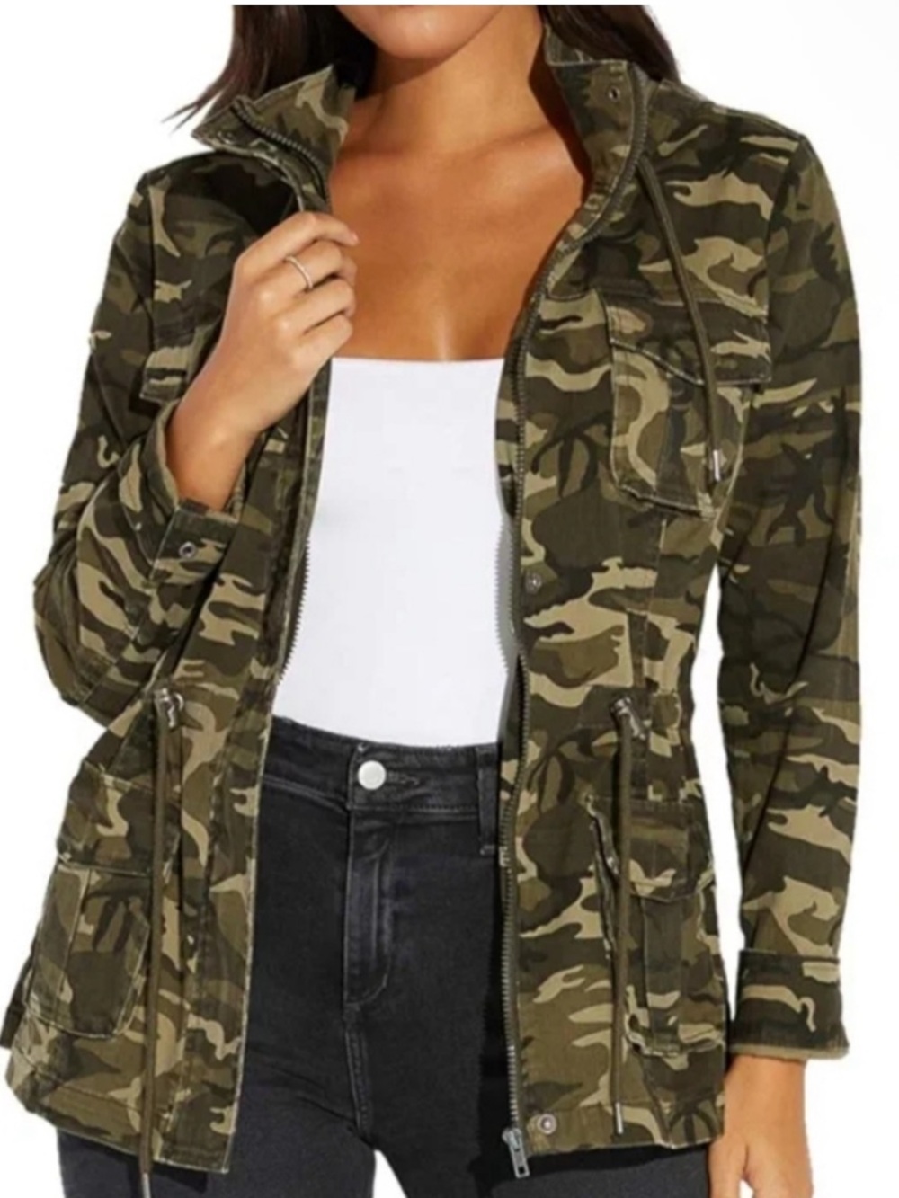 Faded glory green camo zip up cinched waist jacket coat size S